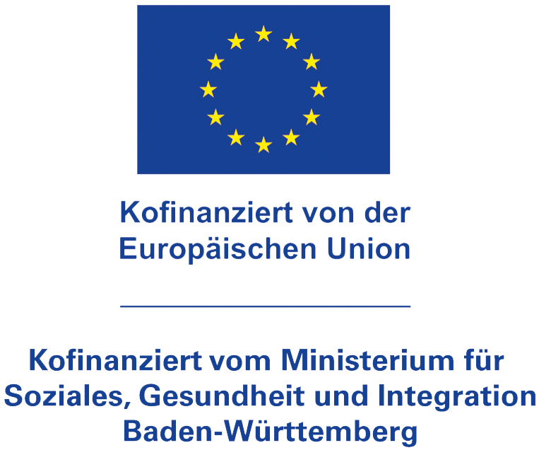 Das Foto zeigt die Europa-Flagge mit der Textbeschreibung "Kofinanziert von der EU und vom Ministerium für Soziales, Gesundheit und Integration BW"